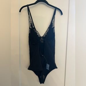 NWT Free People Lea Black Open Lace Embroidered Bodysuit